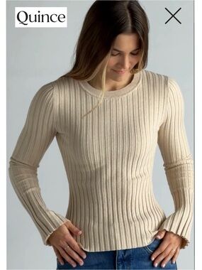 Quince Cotton Cashmere Ribbed Long Sleeve Sweater Heather Oatmeal M Minimalist